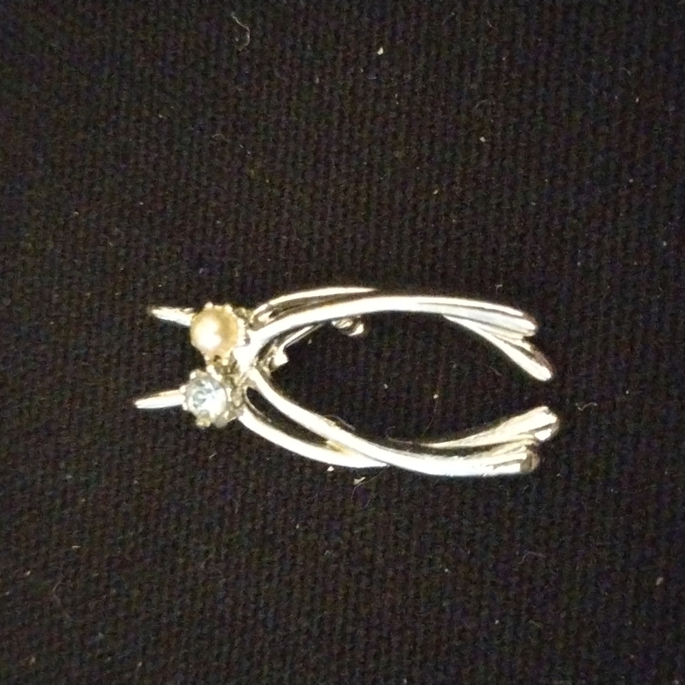 Vintage Silver Tone Wishbone W/ Faux Pearl & Blue Rhinestone Brooch